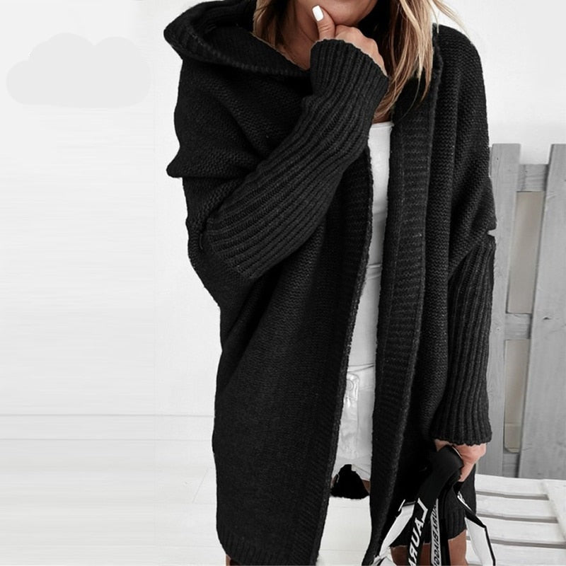 Damen Strickjacke Lang mit Kapuze