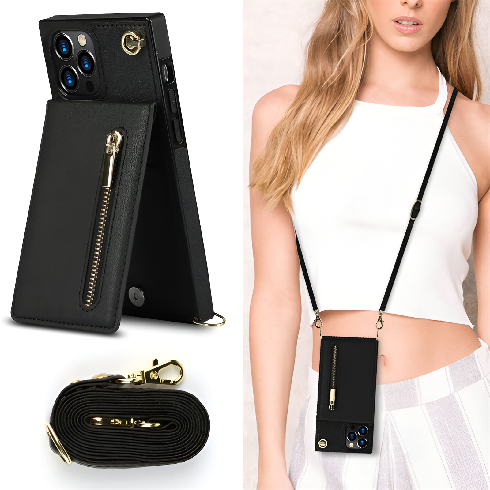 Crosboddy-Telefon-Taske | iPhone Wallet Case mit Kartenhalter-Schwarz-iPhone 15-Becker Boutique