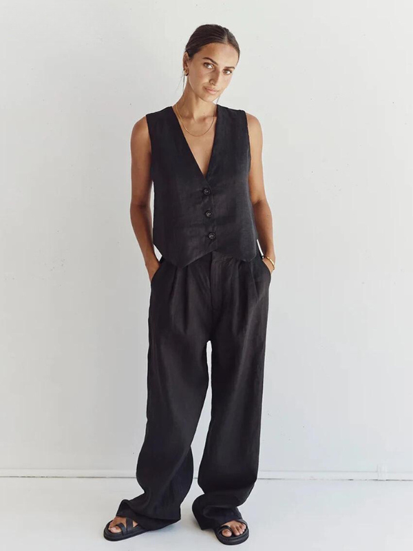 Dilara | 2-teiliges Set aus Leinen und Baumwolle - Ärmelloses Oberteil und Hose-Schwarz-S-Becker Boutique
