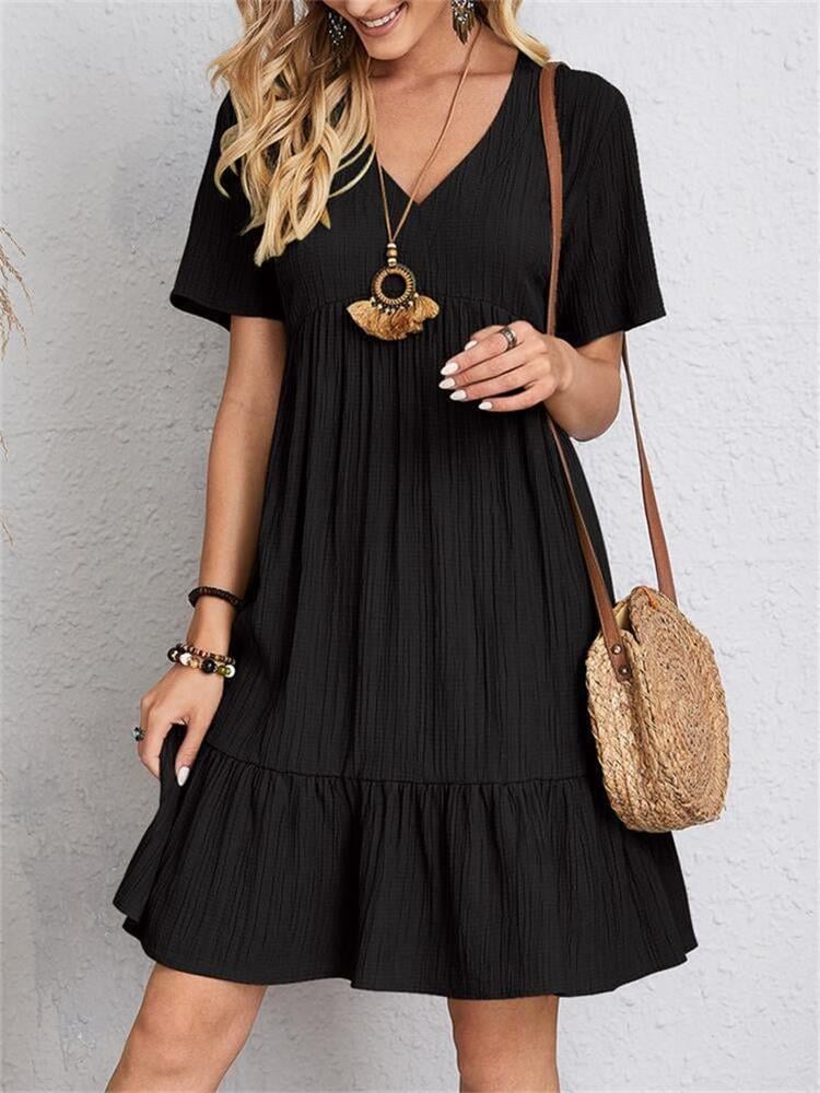 Drea | Retro lockeres Sommerkleid mit V-Ausschnitt-Schwarz-S-Becker Boutique