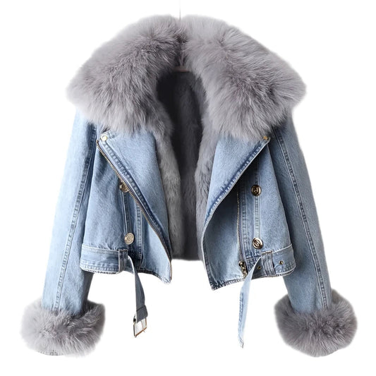 Eliza | Elegance Denim & Pelz Jacke-Blau-XS-Becker Boutique