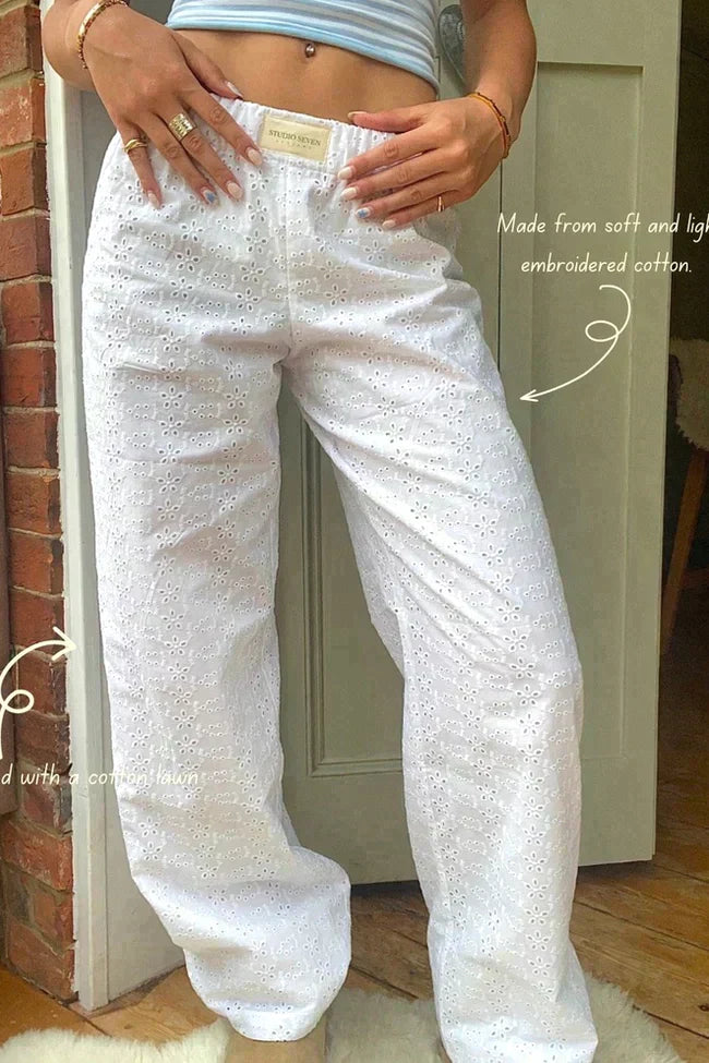 Elke | Loose fit Gestreift Elastisch Taille Hose-Weiß-XS-Becker Boutique