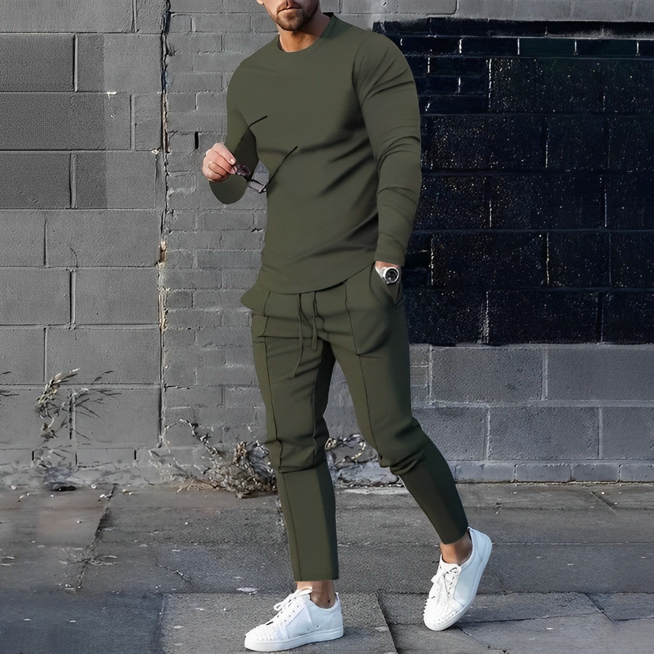 Giovan | Pullover und Hose für Männer im Muscle Fit Set-Armeegrün-S-Becker Boutique