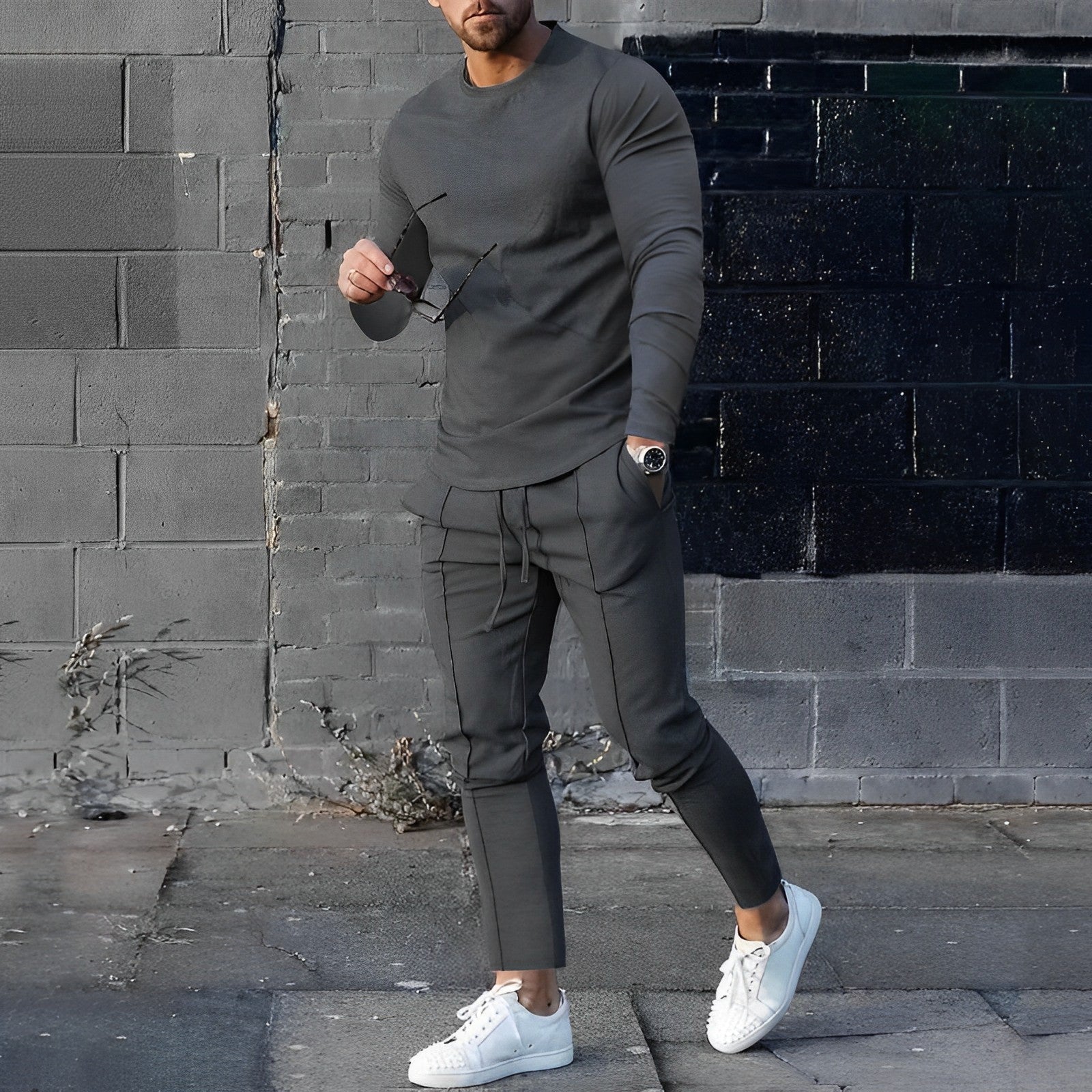 Giovan | Pullover und Hose für Männer im Muscle Fit Set-Dunkelgrau-S-Becker Boutique