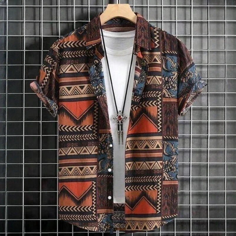 Harvey | Geometrisches Tribal-Hemd für Männer mit Knöpfen-Braun-S-Becker Boutique