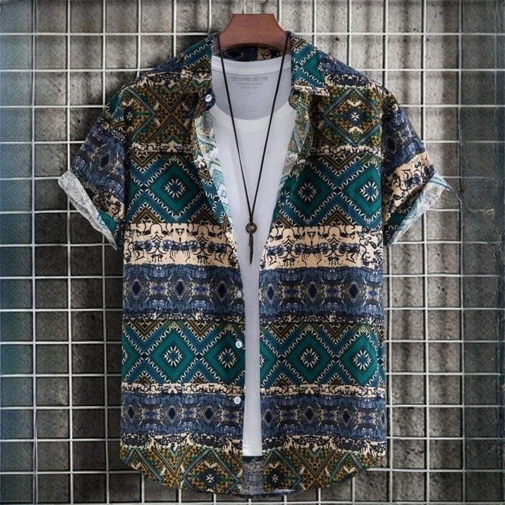 Harvey | Geometrisches Tribal-Hemd für Männer mit Knöpfen-Grün-S-Becker Boutique