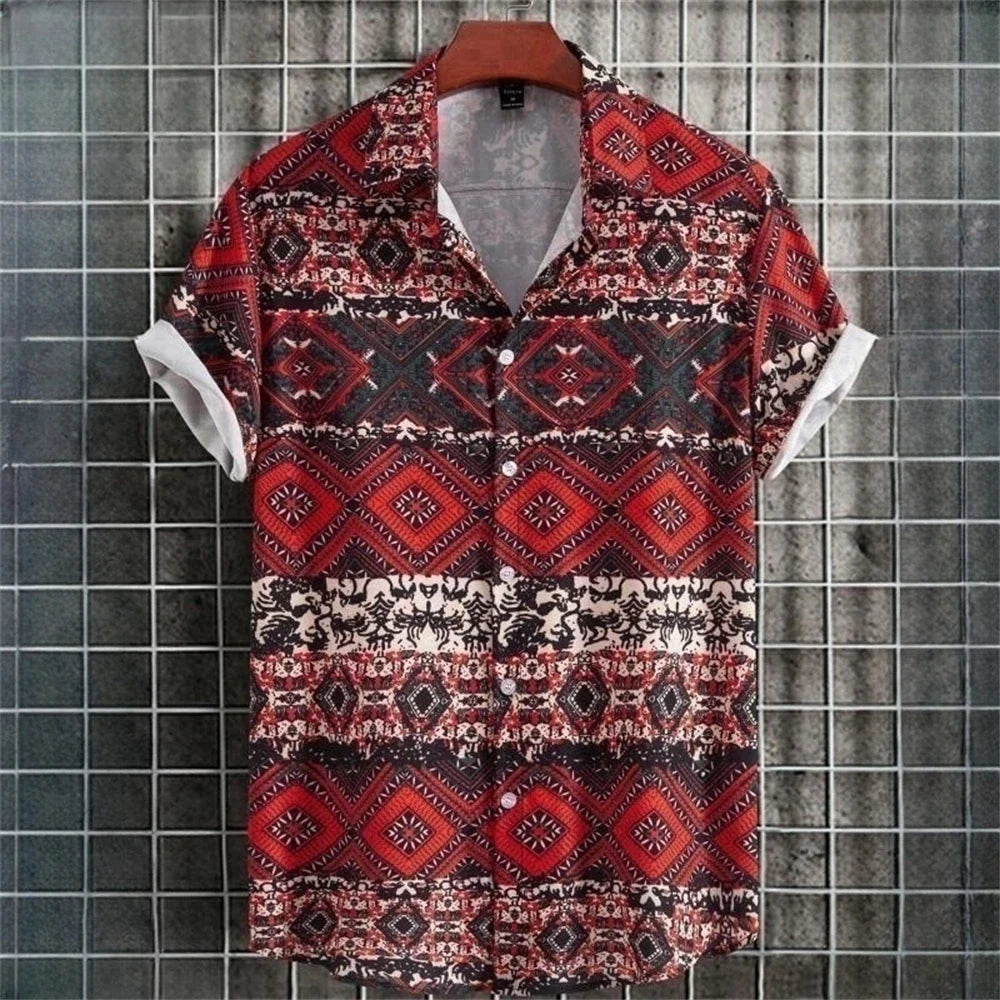 Harvey | Geometrisches Tribal-Hemd für Männer mit Knöpfen-Rot-S-Becker Boutique