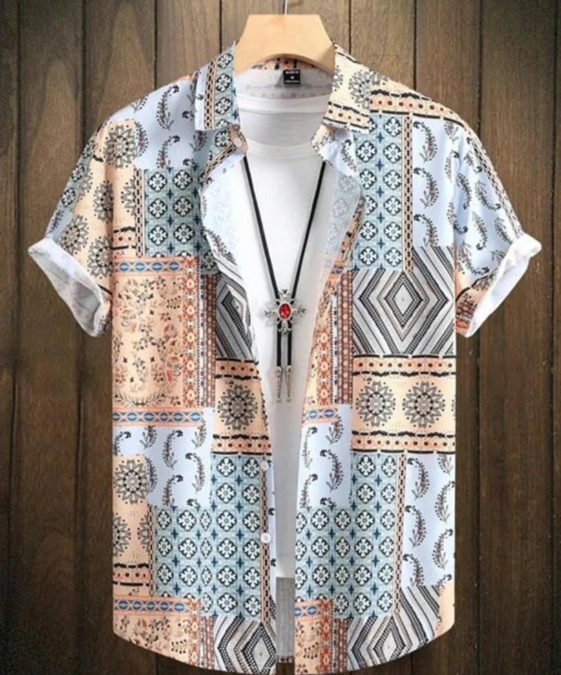 Harvey | Geometrisches Tribal-Hemd für Männer mit Knöpfen-Weiß-S-Becker Boutique