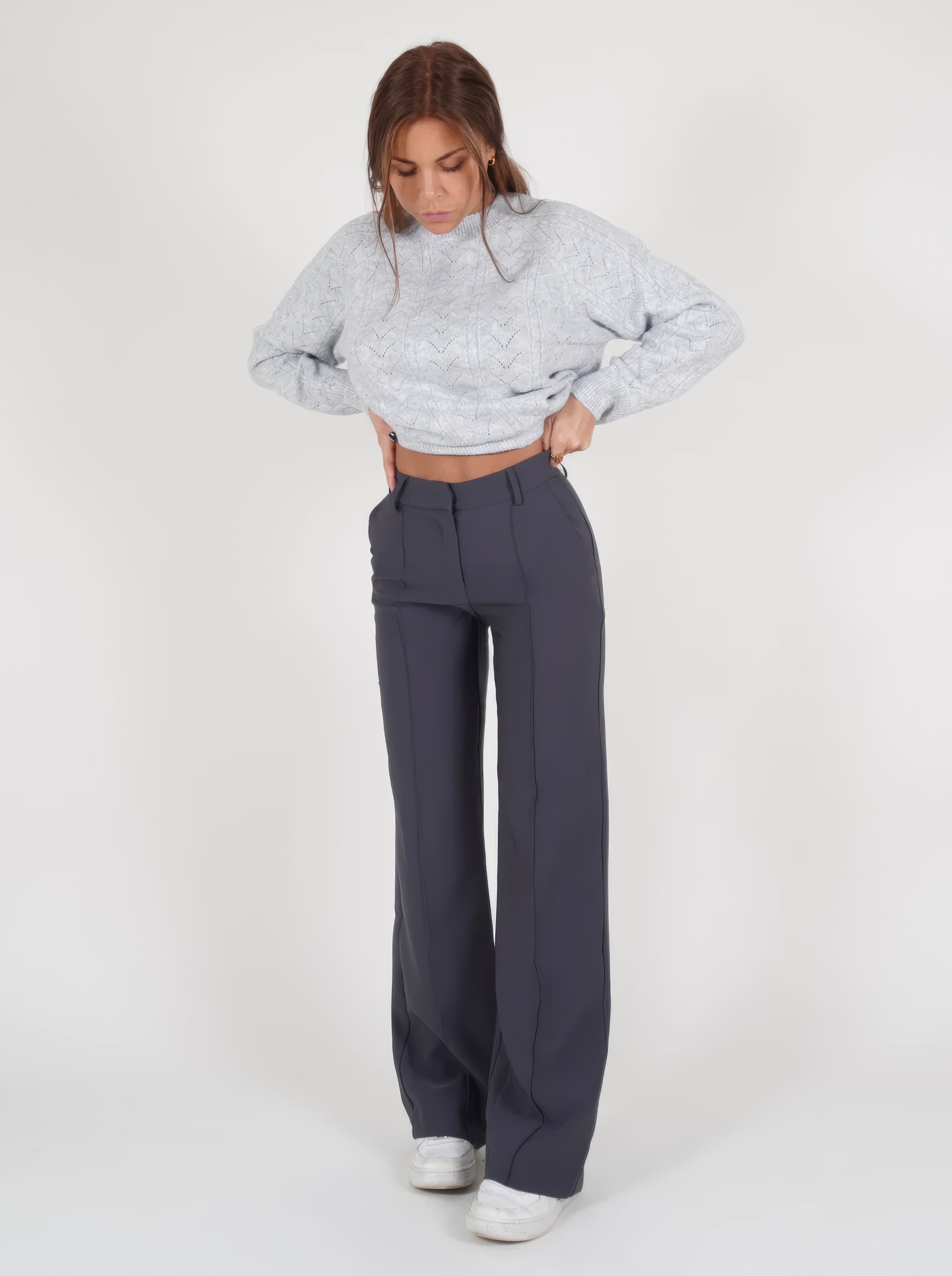 Helga | Hose mit weitem Bein und hoher Taille-Grau-XS-Becker Boutique
