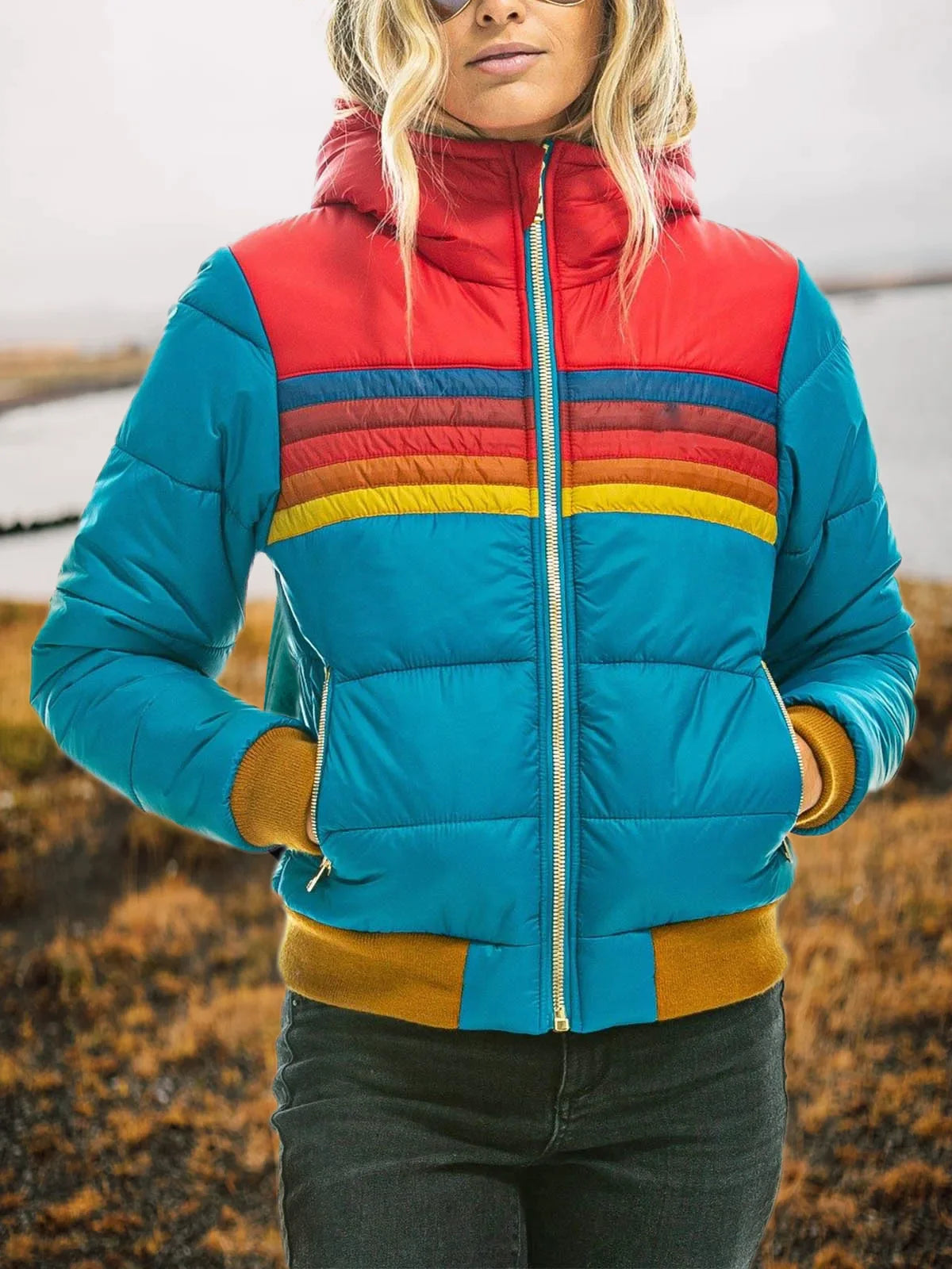 Hesterr | Wintersport Plüschmantel für Frauen-Himmelblau und Rot-XS-Becker Boutique