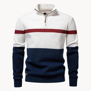 Florent | Stribet sweater med lynlås og hals til mænd-Hvid-Florent | Pull Col Cheminée Zippé pour Hommes avec Motif Rayé - €38-Bentzen Butik
