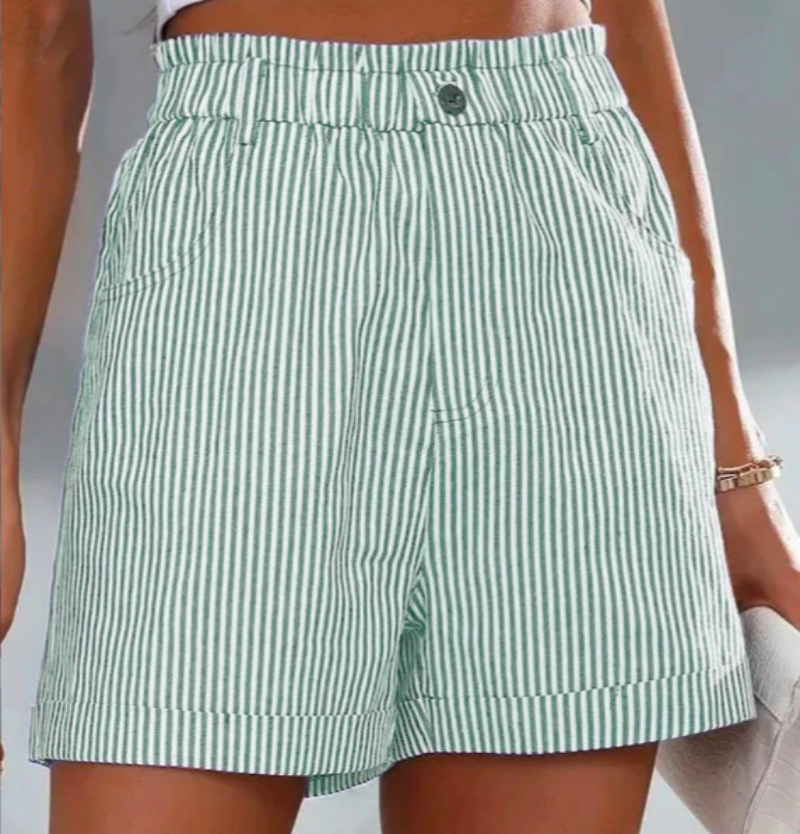 Karine | ComfortFit Gestreifte Shorts mit elastischem Bund-Grün-S-Becker Boutique
