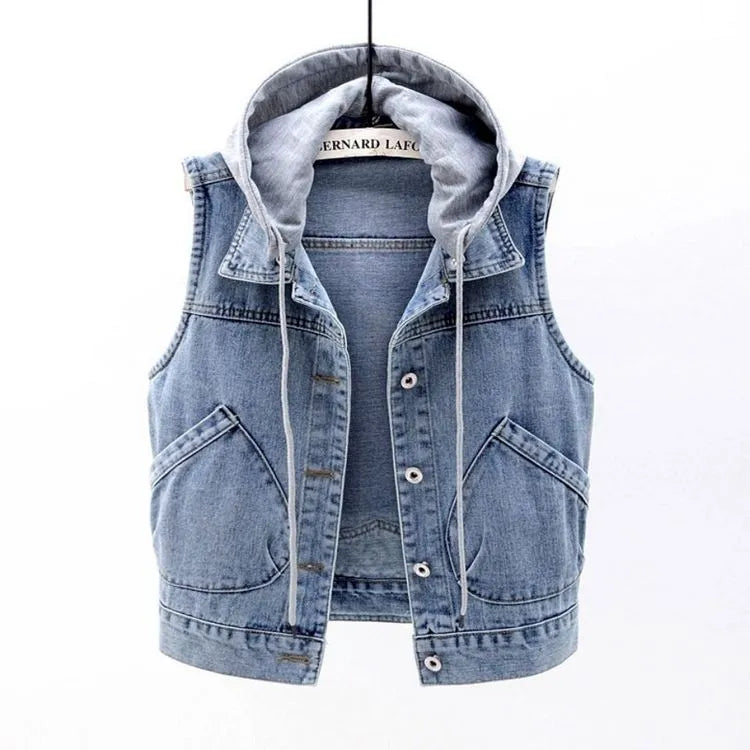 Levvi | Jeansweste mit Kapuze und Brusttaschen-Hellblau-S-Becker Boutique