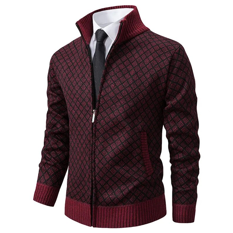 Louis | Gemustert Strickjacke mit Reißverschluss-Burgunderrot-S-Becker Boutique