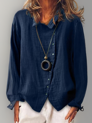 Lovisa┃Baumwolle und Leinen Langärmelige Bluse mit Knöpfen-Blau-S-Becker Boutique