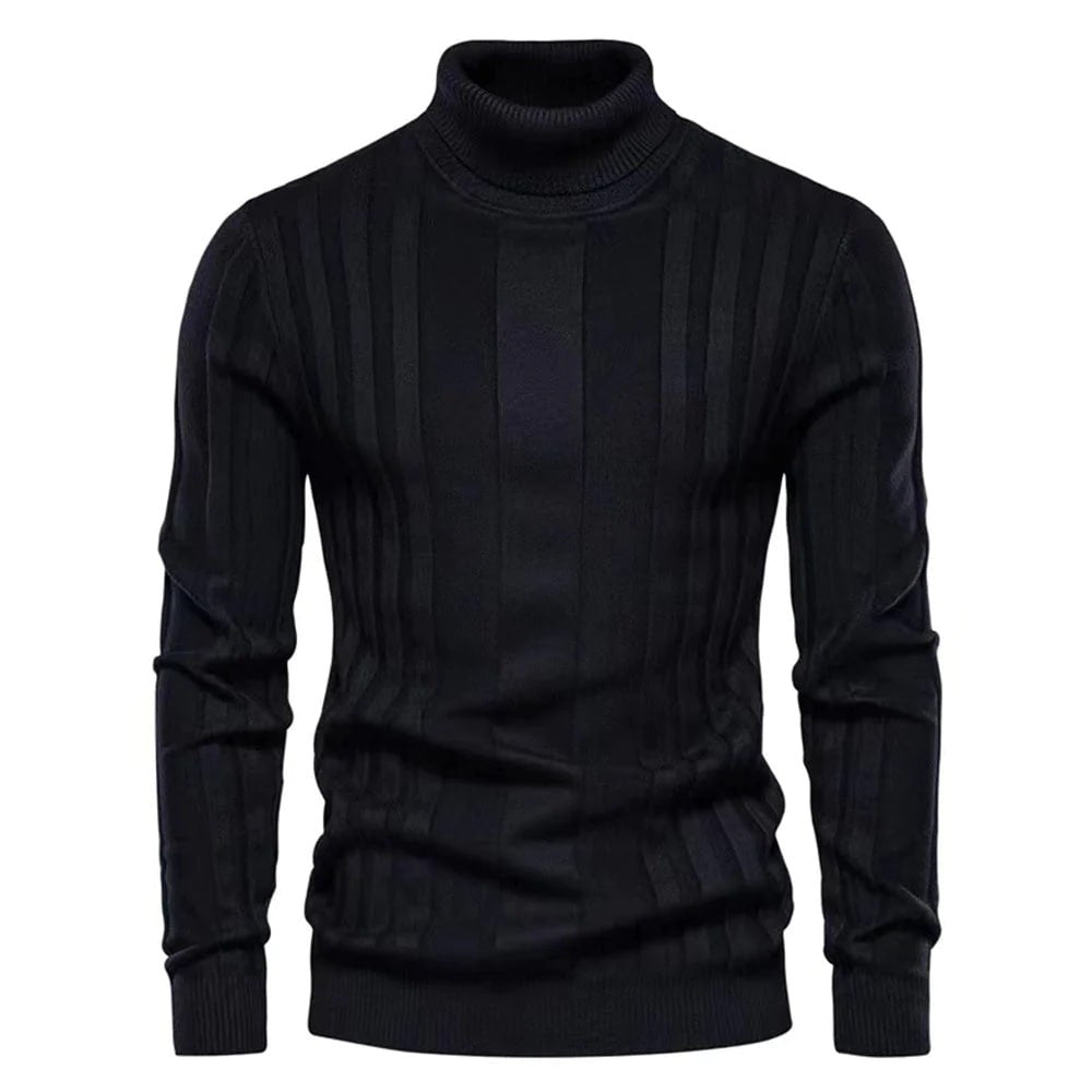 Lucien | Rollkragenpullover mit gestreiftem Rippenmuster-Schwarz-S-Becker Boutique