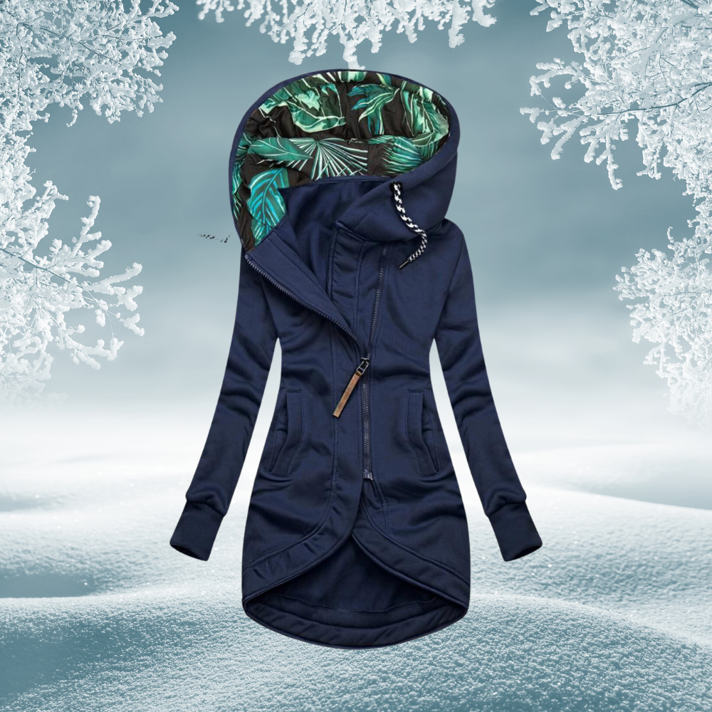 Manon | Jacke mit asymmetrischem Verschluss und Kapuze-Blau-S-Becker Boutique