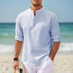 Marvin | Stilvolles Herrenhemd aus Baumwolle und Leinen - Grandad Style-Blau-S-Becker Boutique
