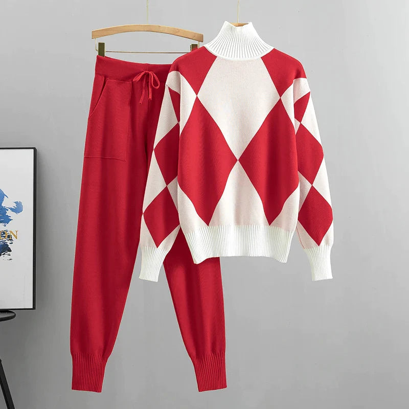 Mia | 2-teiliges Set aus kariertem Pullover und einfarbiger Hose-Rot-S-Becker Boutique