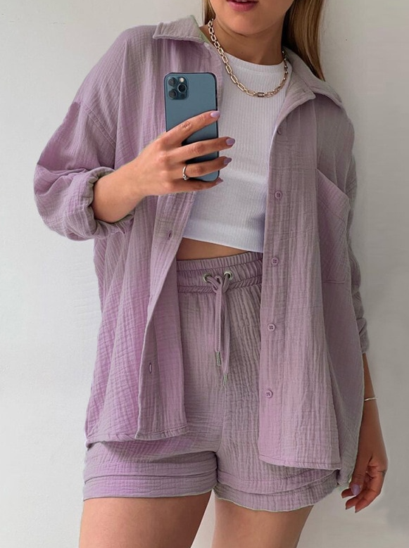 Mila | 2-teiliges Set aus Hemd und Shorts aus Baumwolle-Lila-S-Becker Boutique
