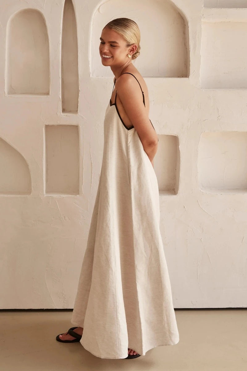 Minke | Boho Leinen Ärmelloses Maxikleid in Beige-Becker Boutique