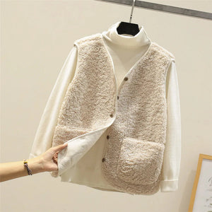 Noma | Women's Sleeveless Vest mit dickem Fleece-Futter - Faux Lamb Wool-Beige-S-Becker Boutique