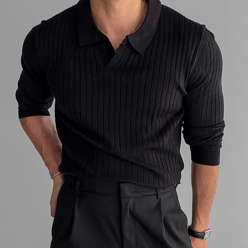 Ricardo | Longsleeve Strick-Polo-Schwarz-M-Becker Boutique
