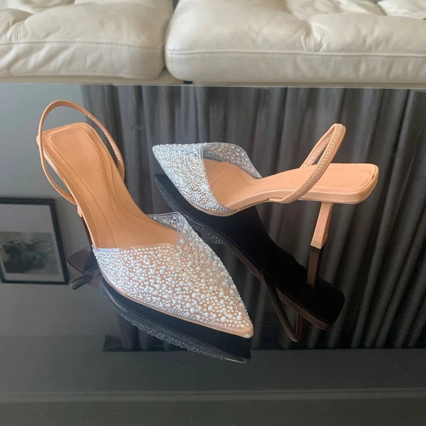 Vina | Hohe Slingpumps mit Perlen und spitzem Zehen