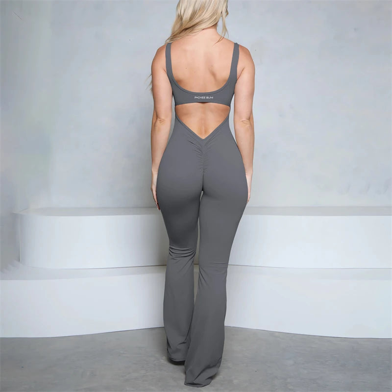 Damen Jumpsuit | Flared & V-Rücken mit Scrunch