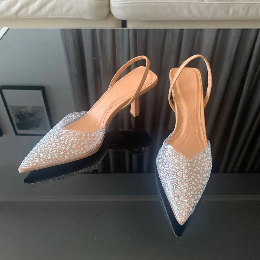 Vina | Hohe Slingpumps mit Perlen und spitzem Zehen
