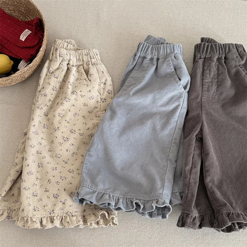 Girls Wide Corduroy Pants | Ruffle Detail