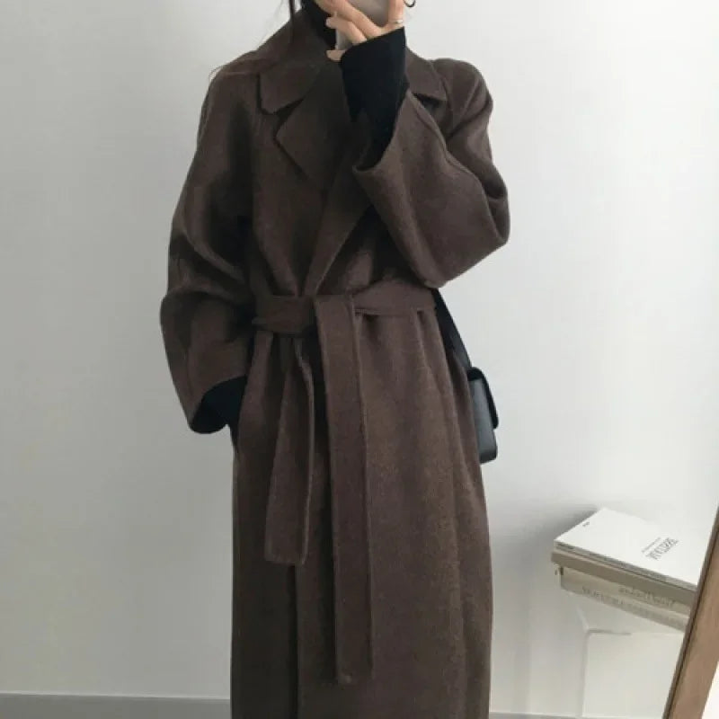Damen Mantel Lang | Warm Mit Gürtel & Weiten Ärmeln