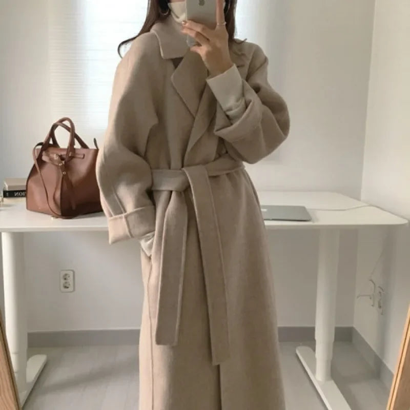 Damen Mantel Lang | Warm Mit Gürtel & Weiten Ärmeln