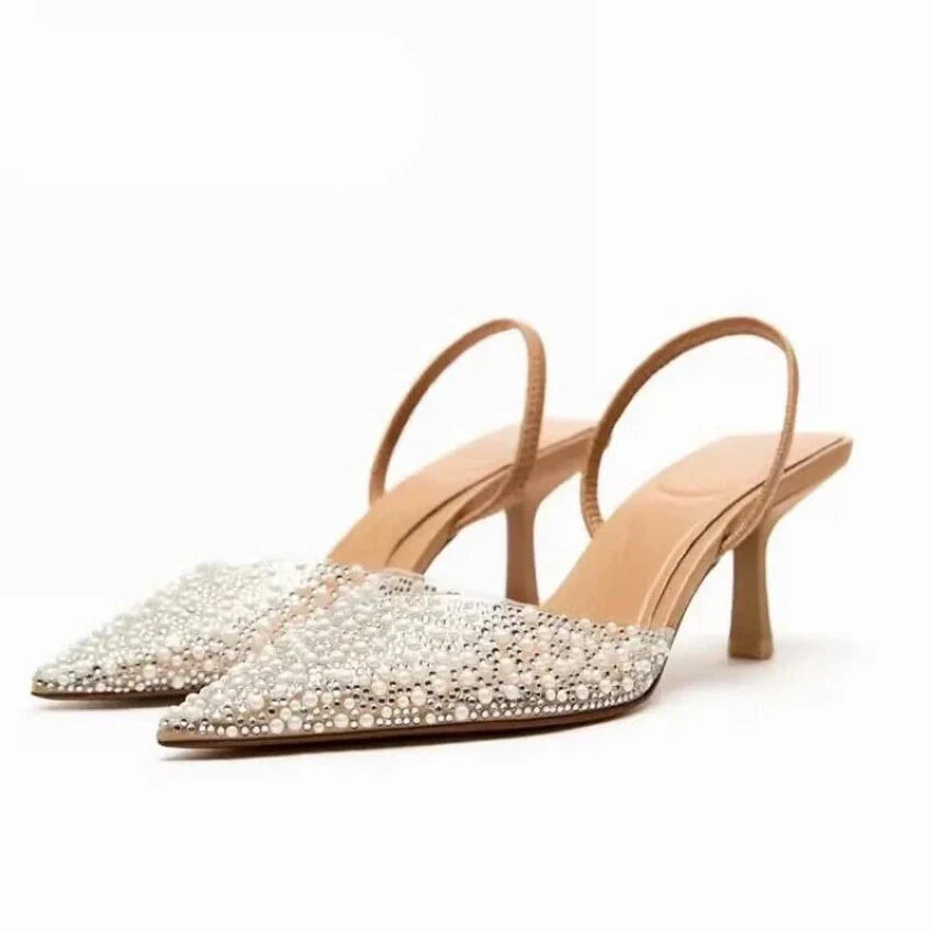 Vina | Hohe Slingpumps mit Perlen und spitzem Zehen