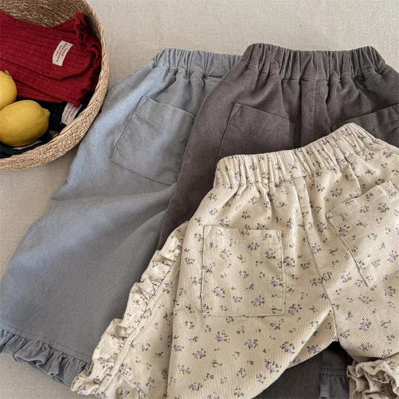 Girls Wide Corduroy Pants | Ruffle Detail