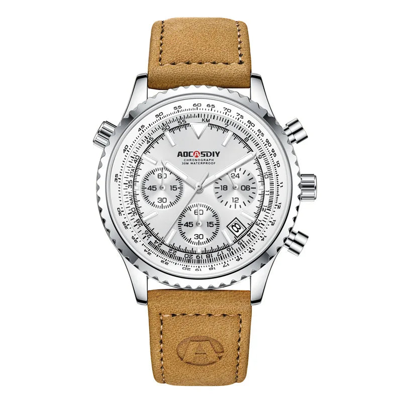 Herren-Chronographenuhr | Braunes Lederarmband
