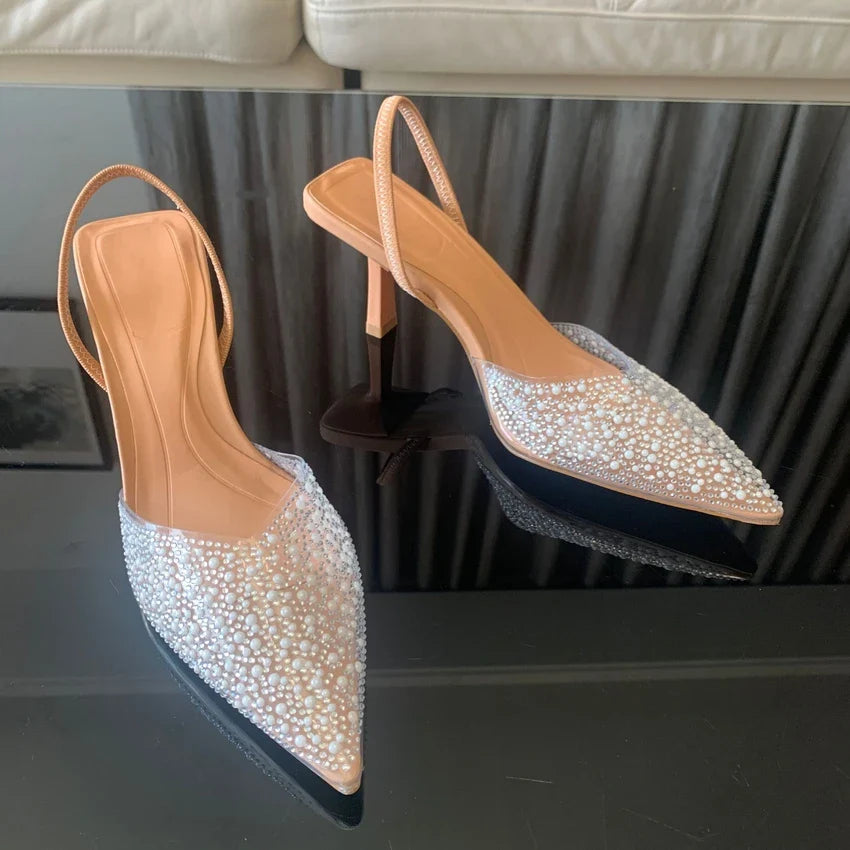 Vina | Hohe Slingpumps mit Perlen und spitzem Zehen