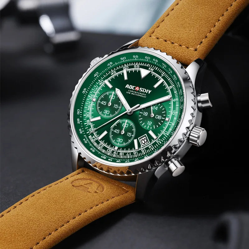 Herren-Chronographenuhr | Braunes Lederarmband