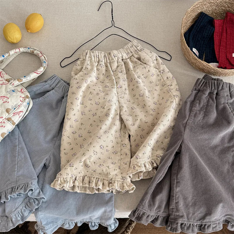 Girls Wide Corduroy Pants | Ruffle Detail