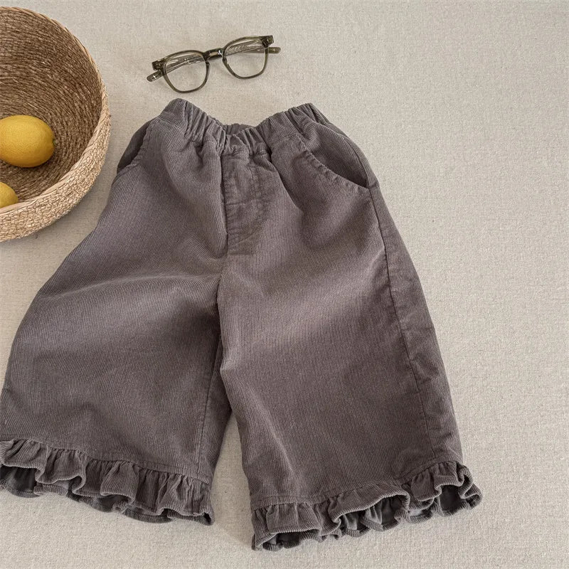 Girls Wide Corduroy Pants | Ruffle Detail