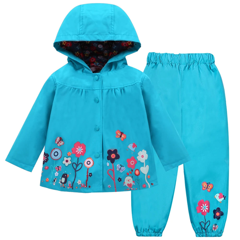 Marley | Wasser- und Winddichtes Kinder-Set mit Blumenprint, Kapuze und Knopfleiste-Blau-90 cm-Becker Boutique