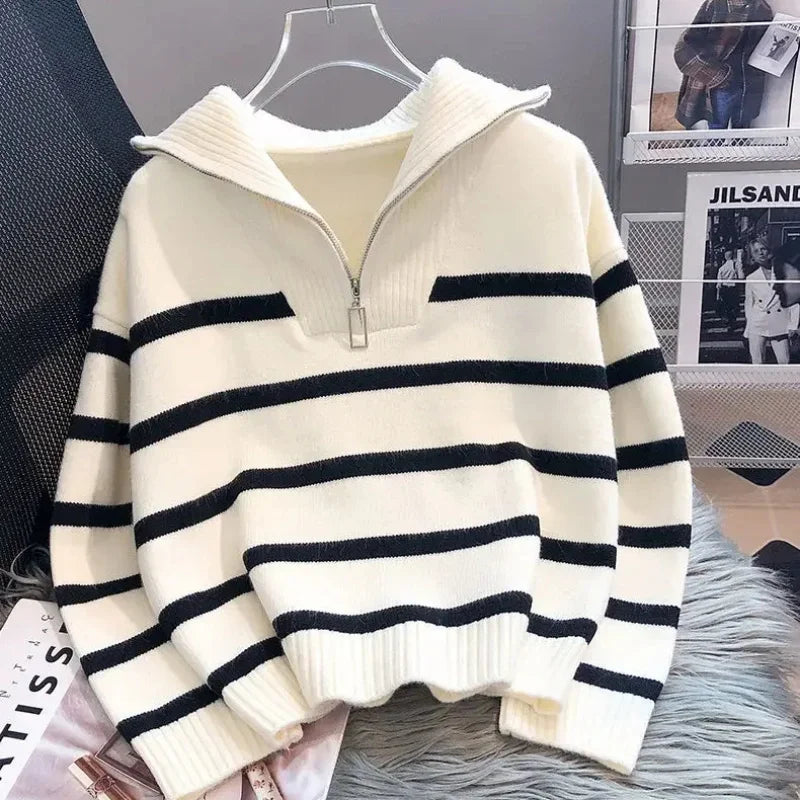 Damen Pullover Mit Reißverschluss | Weiß & Gestreift