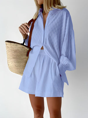 Saylor | Stylisches und luftiges Sommerset für Frauen - Bluse und Shorts-Blau-S-Becker Boutique