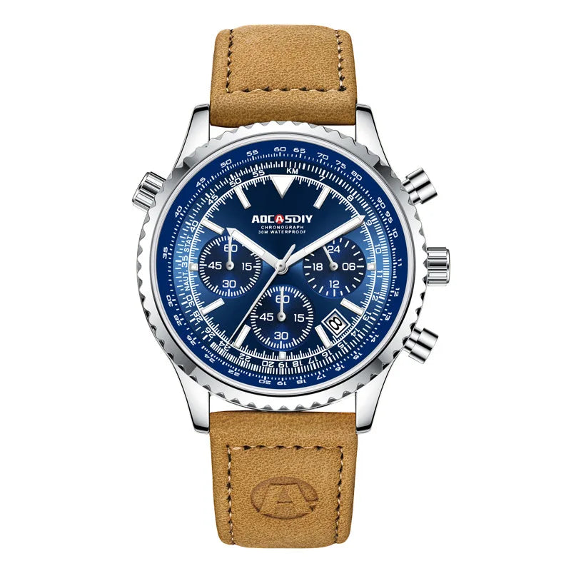 Herren-Chronographenuhr | Braunes Lederarmband