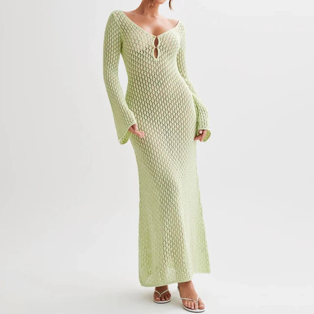 Farah | Langes gestricktes Strandkleid mit V-Ausschnitt Bikini-Cover-up Kleid-Grün-S-Becker Boutique