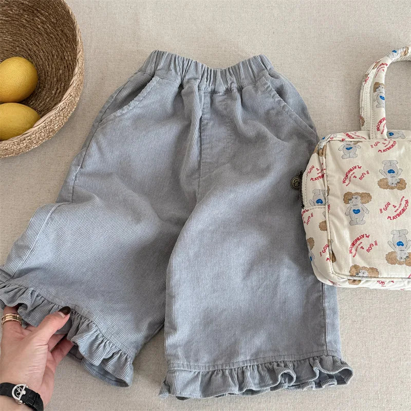 Girls Wide Corduroy Pants | Ruffle Detail