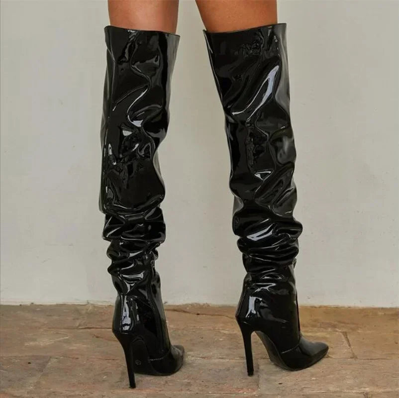Damen Overknee Stiefel | Hoher Absatz & Lack-Look
