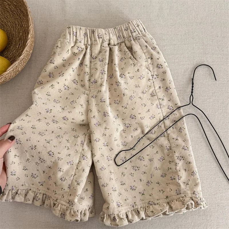 Girls Wide Corduroy Pants | Ruffle Detail