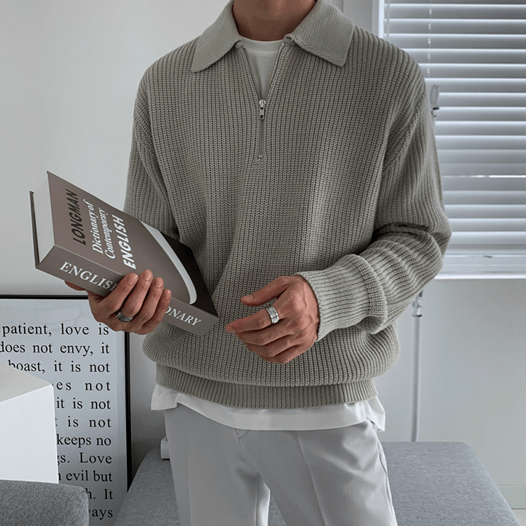 Sepp | Gestrickter Pullover mit halbem Reißverschluss-Grau-S-Becker Boutique