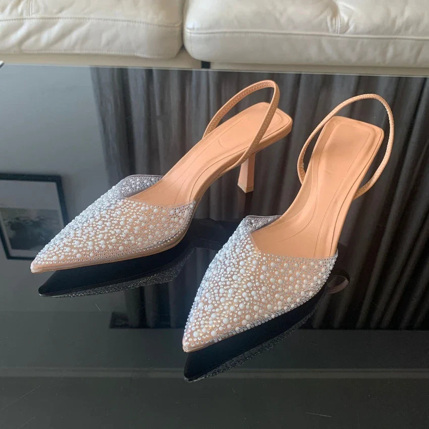 Vina | Hohe Slingpumps mit Perlen und spitzem Zehen
